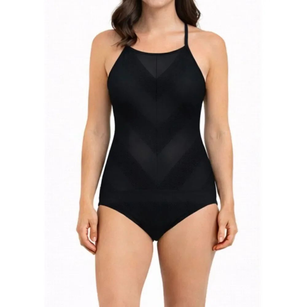 Calvin Klein black mesh high neck cross back one piece suit 8